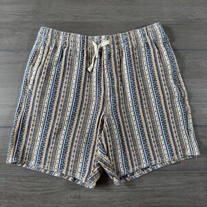 Rhythm Mens Blue Tan Geometric Stripe Cotton Drawstring Shorts Size 32